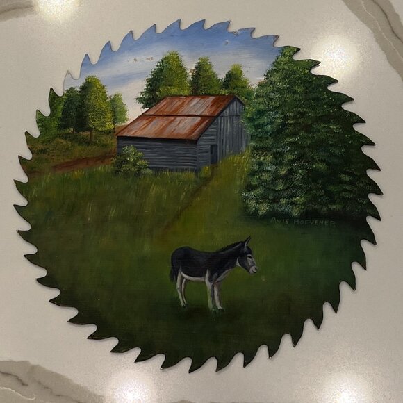 Vintage Folk Art Hand-Painted 9" Circular Saw Blade with Donkey & Old Barn - Picture 6 of 6